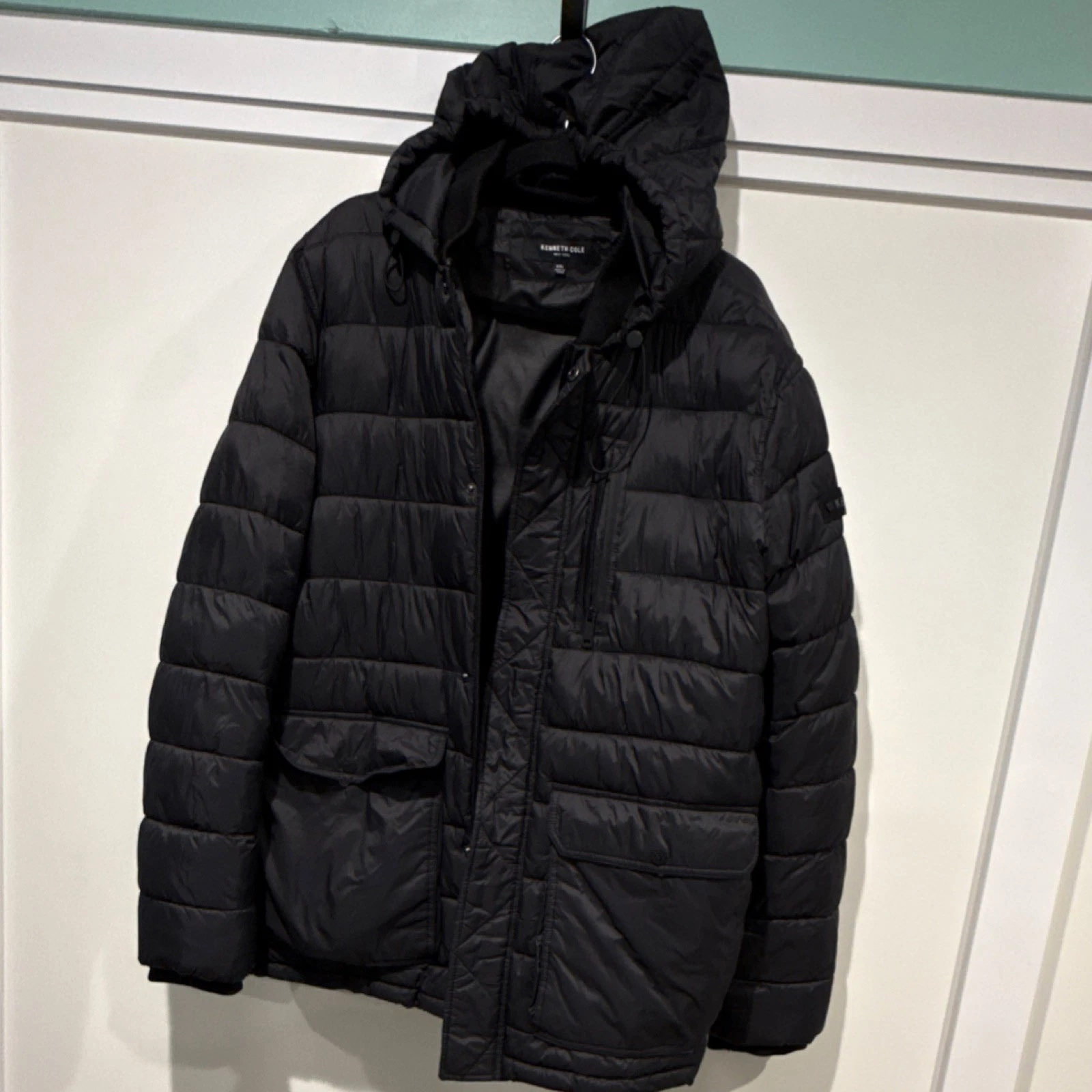 Kenneth Cole XXL Black Zip Hooded Mid-Length Quilted Puffer Jacket Men