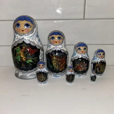 Russian Nesting Doll Matryoshka Blue White 7pcs Signed Hand Painted ‘92