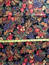 1 yd Cotton Fabric Black with Autumn Leaves, Grapes, Nuts, Pinecones More