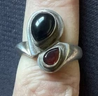Chunky Silver Ring Size 5.75-6.25 Garnet And Black Onyx Boho Vintage