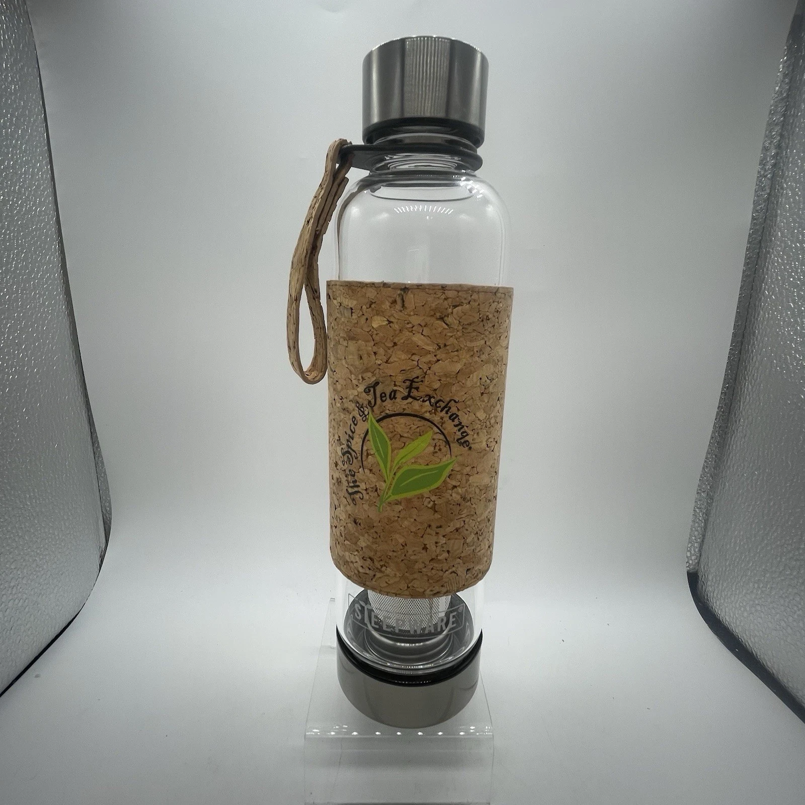 The Spice & Tea Exchange Glass Steep Bottle w/ Infuser Logo Cork Wrap