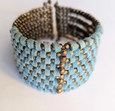 Boho Woven Ultrasuede & Brass Bead Cuff Bracelet - Great Cond.