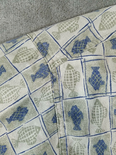 Camicia vintage Woolrich da uomo grande L beige blu allover stampa pesce abbottonata - Foto 4 di 9