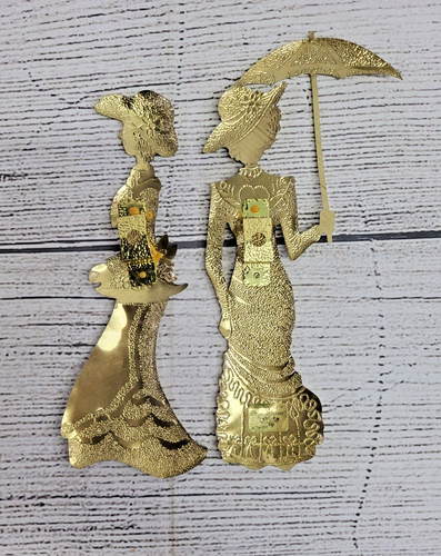 (2) Home Interior Lady Silhouettes Umbrella Brass Wall Hanging Decorative MCM - Picture 6 of 8