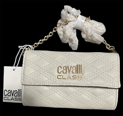 NWT Cavalli Class Ivory Quilt Stitch Wallet Phone Crossbody Clutch Purse Handbag