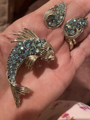 Coro Pegasus 1950 Signed Aroura Borealis Koi Fish Brooch & Earrings Set