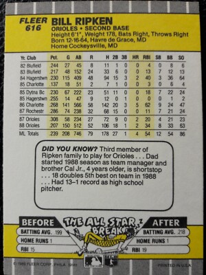 Bill Ripken 1989 Fleer Black Scribble Error Rookie RC 616 Orioles