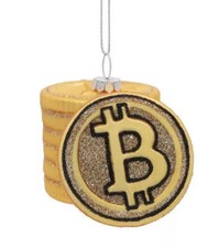 Bitcoin Christmas Glass Ornament Crypto Gold Glitter 3" Holiday NEW