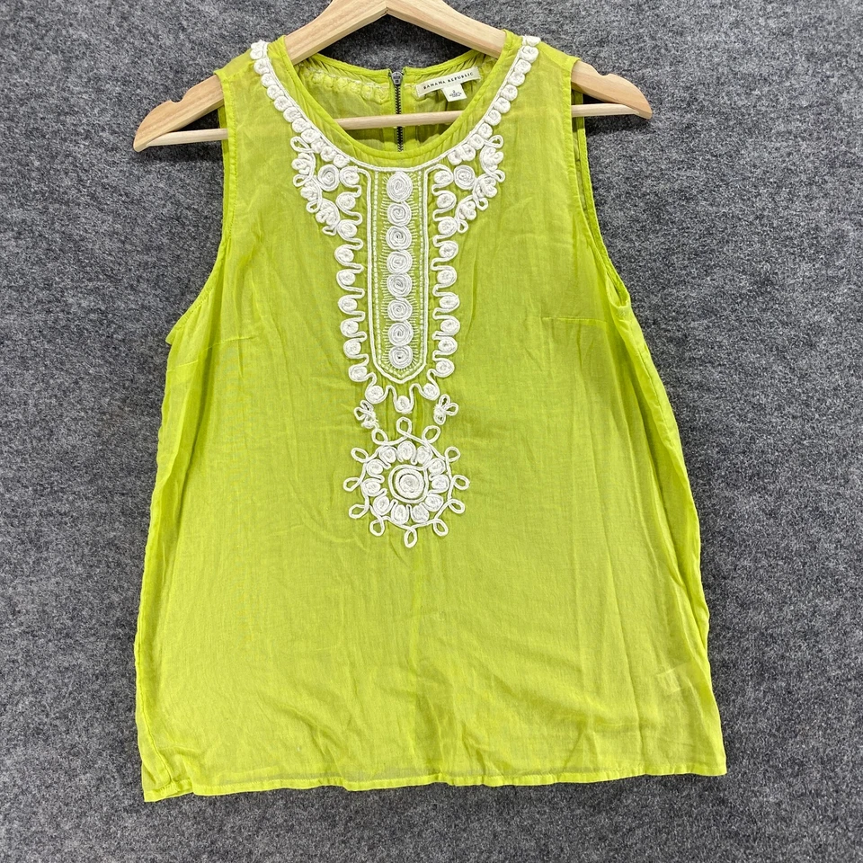 Banana Republic Blouse Women 2 Green Geometric Crochet Zipper Cotton Sleeveless - Image 4 of 4