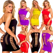 Women Fishnet Lingerie Mesh Hole Strap Chemise One Piece Babydoll Mini Dress USA