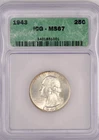 1943 Washington Quarter Business Strike ICG MS 67 MS67 Gem Coin 25C