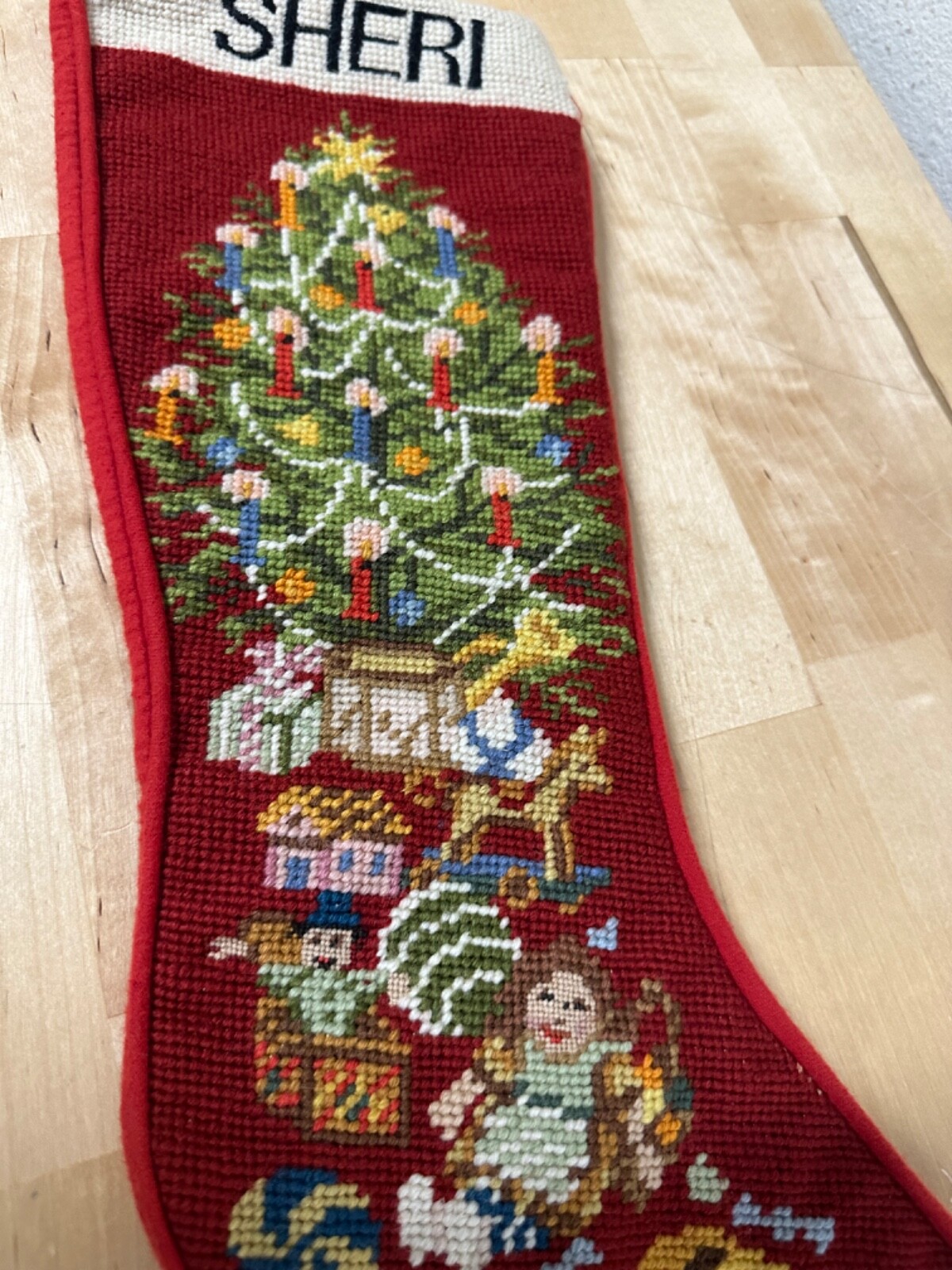 Sferra Needlepoint Christmas Stocking Tree Presents Doll Embroidered