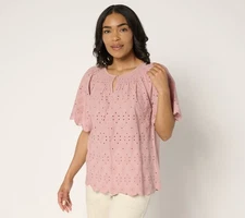LOGO by Lori Goldstein Women's Top Sz S 100% Cotton Eyelet Pink A689564