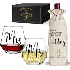 Mr Mrs Stemless Wine Glasses Gift Set 15oz, Couples Gifts for Bridal Shower E...