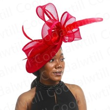 Red Fascinator Hat Wedding Church Headpiece Women Formal Event Tea Chapeau