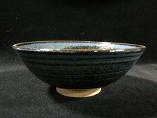 J0010 Japanese Vintage Flat Matcha Tea Bowl Blue Glazed Shallow Pottery Art