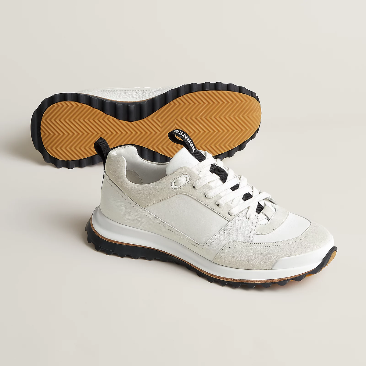HERMES MEN'S LEADER SNEAKERS WHITE GOATSKIN. STYLE# H252864ZH