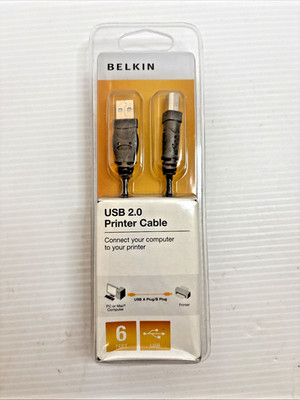 Belkin USB 2.0 Printer Cable 6 ft A to B Gray New Factory Sealed Mac PC