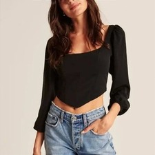 Abercrombie Fitch Sweetheart Long Sleeve Cropped Corset Top XS Black EUC