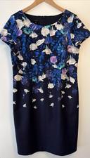 Talbots Women's Navy Blue Floral Sheath Shift Dress Size 14 Knee Length Textured