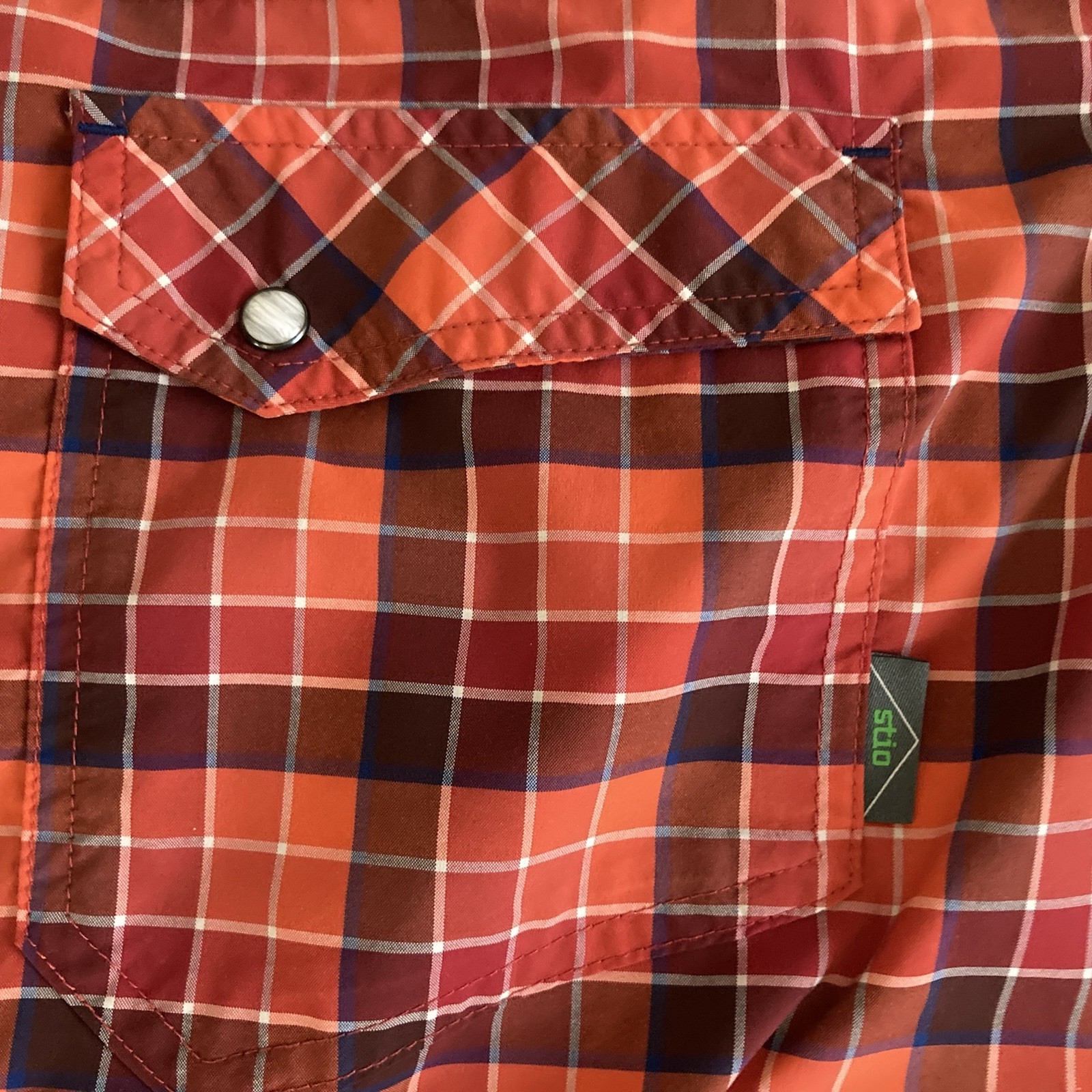 Stio Shirt Mens XL Orange/Red Plaid Eddy Pearl Snap Flap Pockets Hiking Long Slv