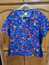 Ladies Blue Butterfly Scrub Top By Cherokee. Side Stretch Panels Sz 2X CLEAN 