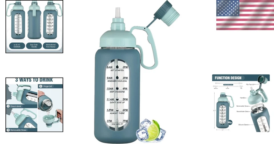 Botella de agua de vidrio portátil de 64 oz con pajita y tapa a prueba de fugas - esencial para exteriores Foto 2 de 4