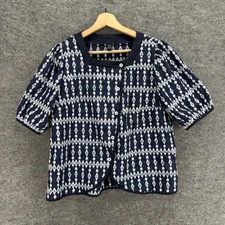 SheIn Top Women L Large Blue Geometric Button Up Square Neck Short Sleeve Casual