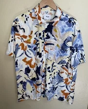 Mens Huf Button Up Shirt Short Sleeve Large Abstract Watercolor Painting Skate