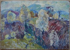 Ukrainian Soviet USSR Oil Painting Landscape postimpressionism blossoming trees
