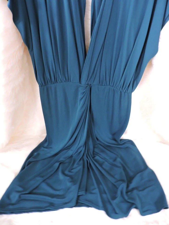 NUEVO CON ETIQUETAS $395 VESTIDO DRAPEADO SLINKY JERSEY VERDE AZULADO COSTERO ALTO HIPPIE COSTERO L Foto 4 de 4
