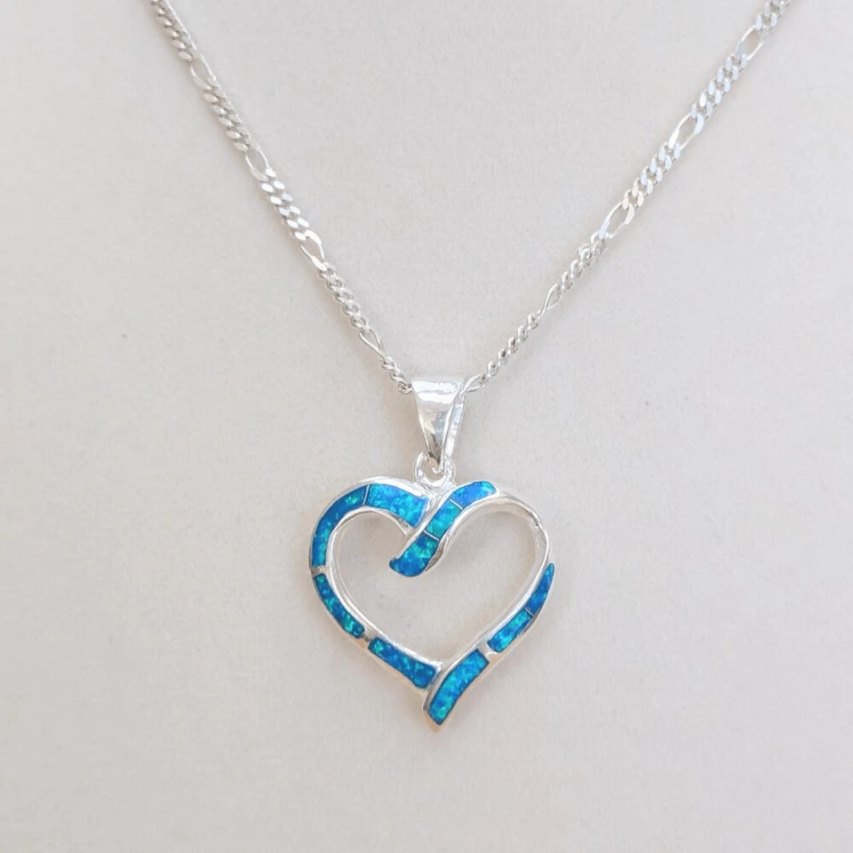 Винтажный серебро синий опал инкрустация сердце ожерелье, 20» итальянская цепочка - Изображение 2 из 4