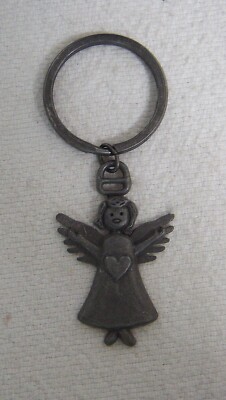 Vtg Pewter 3D Angel Heart on Chest, Wings, Halor Pendant Keychain Ring