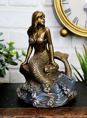 Ebros Bronze Mermaid Sitting On Rock On Sea Surface Wave Pool Figurine 4.25''H
