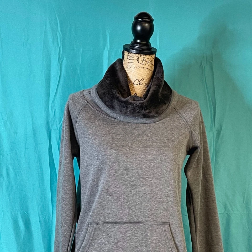 RBX Womens Sweatshirt Gray Small Faux Fur Cowl Neck Kangaroo Pocket Pullover - Image 3 of 4
