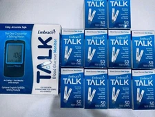 Embrace TALK Blood Glucose Test Strips 500 Qty plus Free Meter.  EXP 10/2026