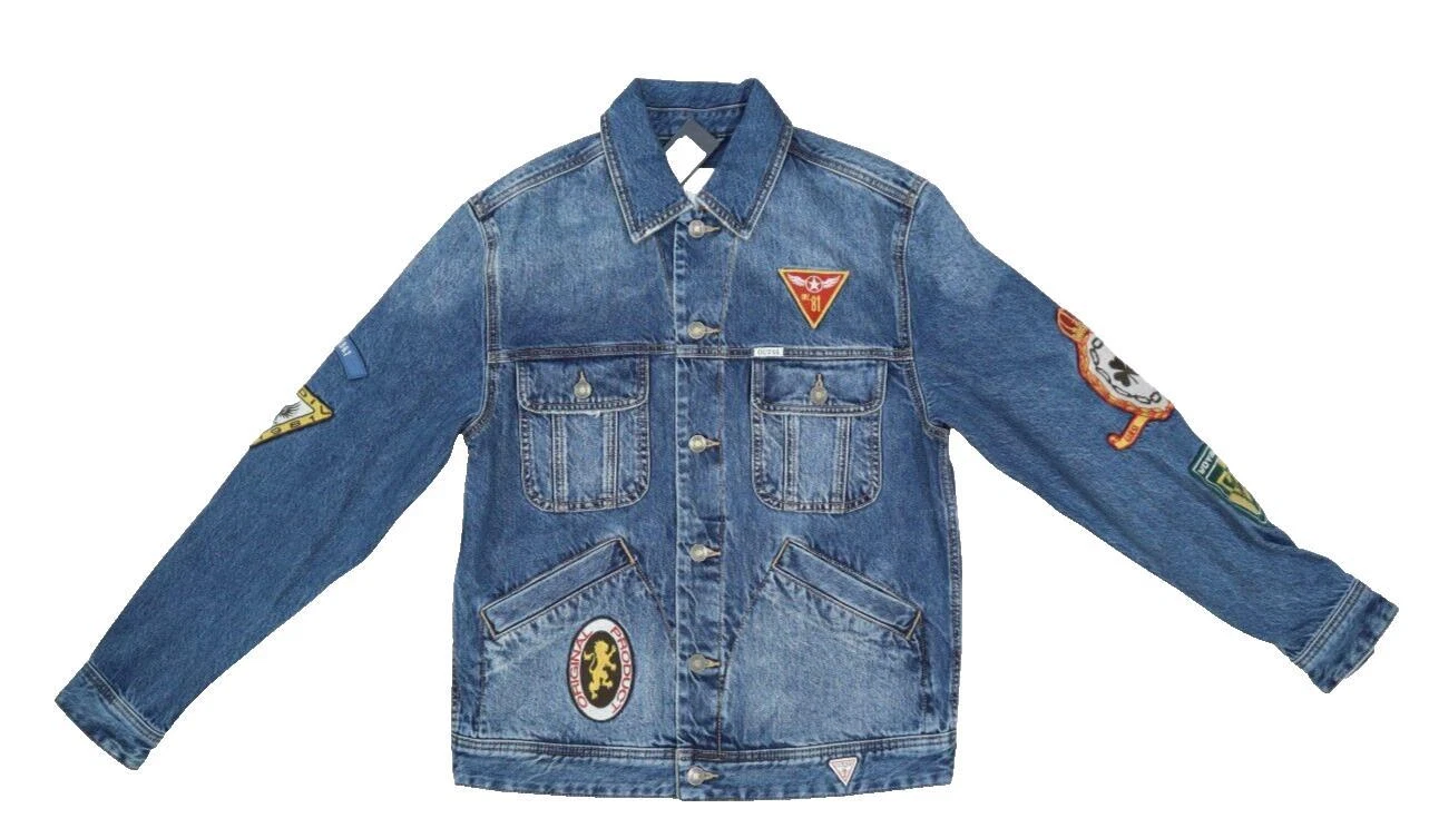 Guess Dean Signature Denim Jacket Blue Jean Embroidered Patch Button Front Men S - product detail image 1