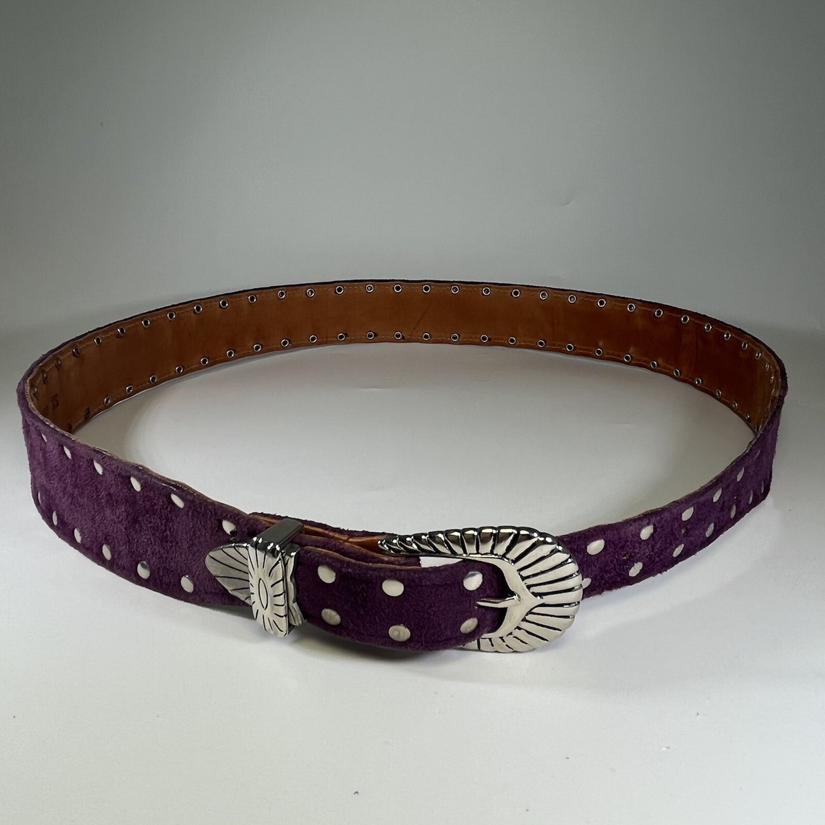 Vintage Ginnie Johansen Wide Purple Fabric Waist Belt with Gold Crescent Buckle Vintage Ginnie Johansen Purple Suede Studded Belt Silver  main image 4