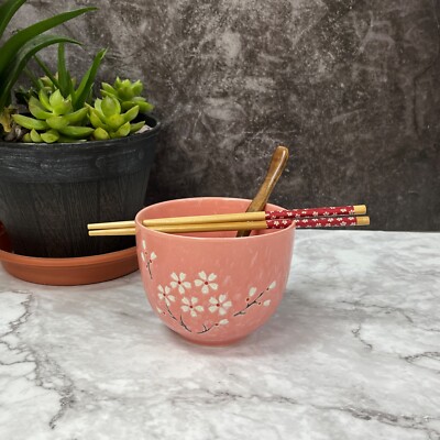 Oriental Plum Blossom Pink Ceramic Ramen Noodle Rice Bowl w/chopsticks and spoon