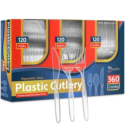 Juego de cubiertos de plástico 360 unidades 120 tenedores de plástico transparente 120 cucharas de plástico - Imagen 1 de 5