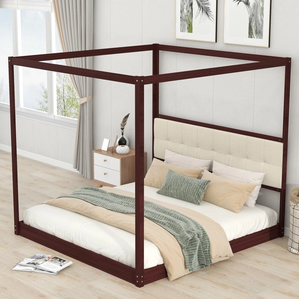 King Size Wood Canopy Platform Beds Bed Frame with Headboard and