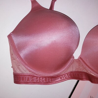 Victoria Secret Bra Bombshell Push Up Pink Banded Logo Trim Adds 2