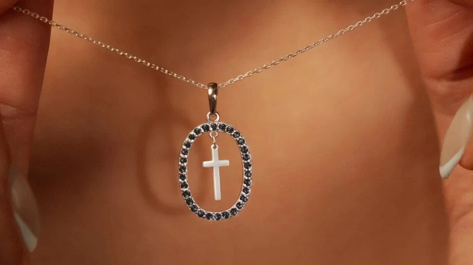 Colgante Cruz Zafiro Azul Simulado Corte Redondo 1.80 Ct Chapado en Oro Amarillo 14k Foto 4 de 4