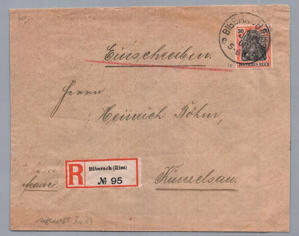 Dt. Reich EF Germania 30 - Einschreiben Biberach nach Künzelsau 1908 - geprüft - Bild 1 von 2