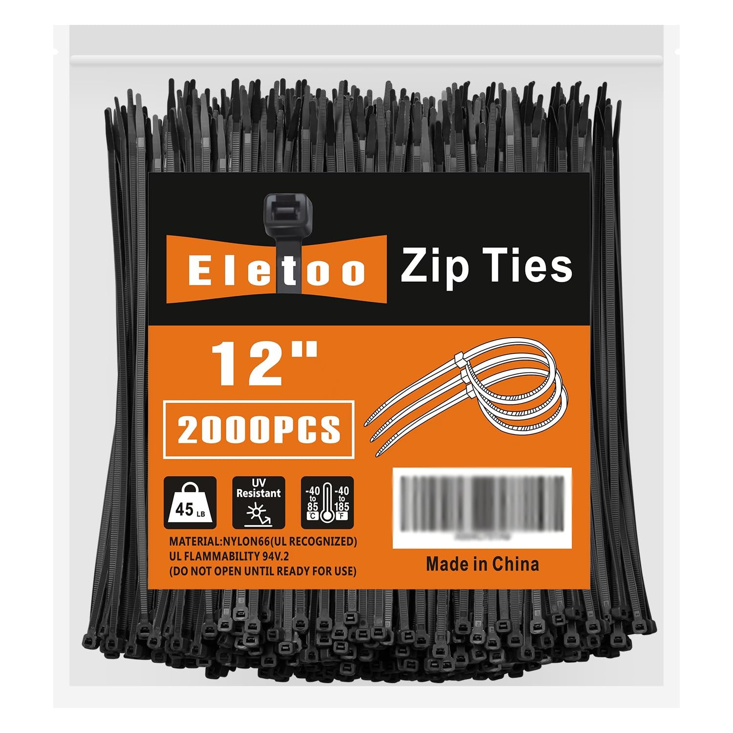 2000-Pack 12-Inch Black Self-Locking Nylon Zip Ties 45LB Strength