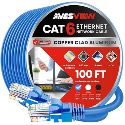 CAT 6 Ethernet Cable 100 FT, Indoor High-Speed 10Gbps Snagless Long CAT6 Inte...
