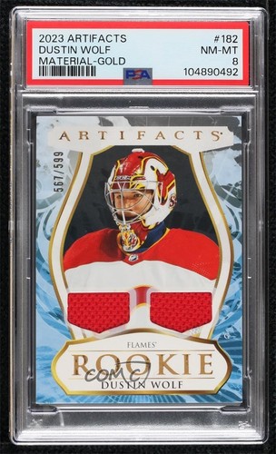 2023 Upper Deck Artifacts Rookies Gold Material /599 Dustin Wolf PSA 8 Rookie RC