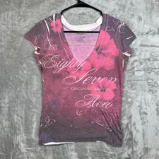 Aeropostale Women's Large L Pink Floral Graphic T-Shirt V-Neck Short Sleeve Y2K