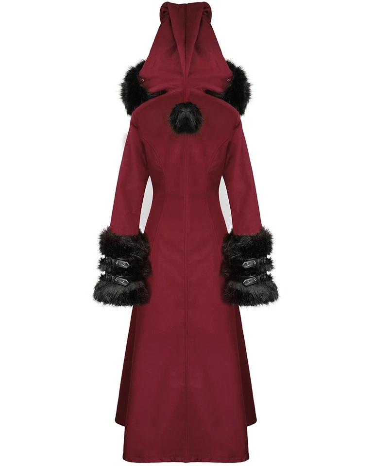 Devil Fashion Womens Long Gothic Lolita Hooded Winter Coat Red Black Faux Fur - Image 2 of 4