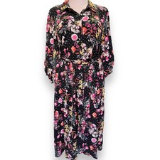 New Torrid 4 (4X 26) Black/Pink Floral Polka Dot Tea Length Studio Shirt Dress